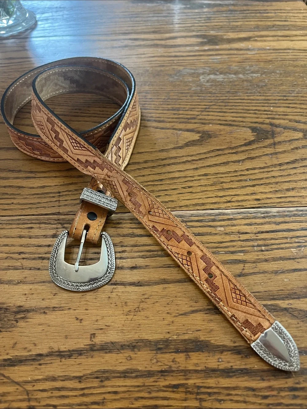 Western Tooled Leather Belt with Silver-Tone Buckle - Brown